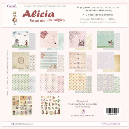 Colección papeles de scrapbooking "Alicia en un mundo mágico" 30.5x30.5cm una cara