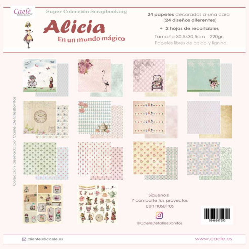 Colección papeles de scrapbooking "Alicia en un mundo mágico" 30.5x30.5cm una cara