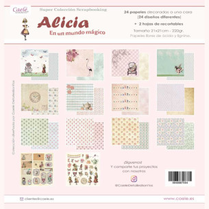Colección papeles de scrapbooking "Alicia en un mundo mágico" 21x21cm una cara
