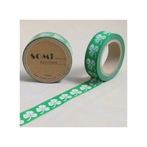 WASHI TAPE Verde con TRÉBOLES Blancos