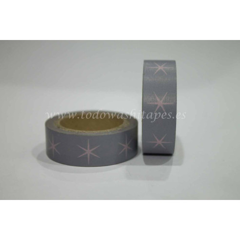 WASHI TAPE Gris con ESTRELLAS Rosas