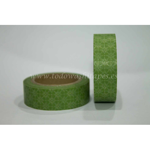 WASHI TAPE verde con FLORES Blancas