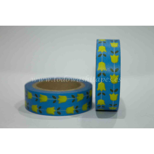 WASHI TAPE Azul con TULIPANES Amarillos