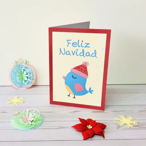 Postal navideña hecha a mano "Feliz Navidad" Pajarito Roja