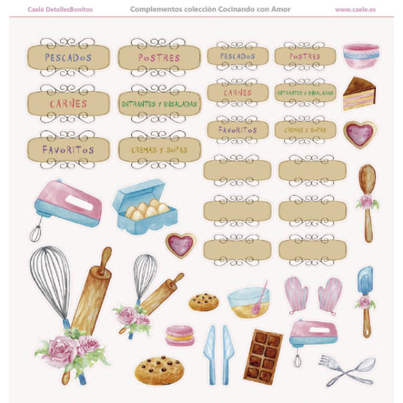 Complementos colección papeles de scrapbooking "Cocinando con amor" 21x21cm