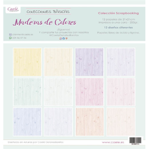 Colección papeles de scrapbooking "Maderas de colores" 21x21cm